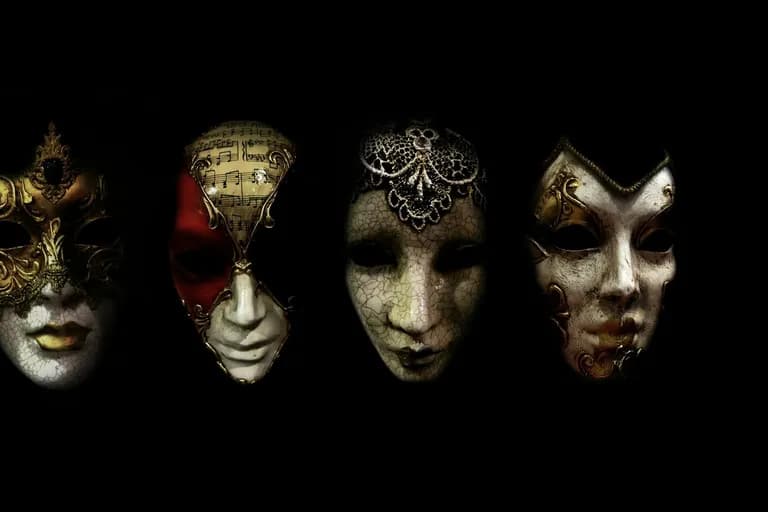 Reihe venezianischer Masken vor schwarzem Hintergrund
